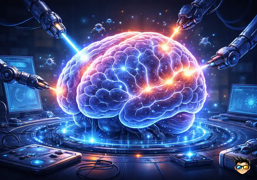 ¿Qué Pasa En Tu Cerebro Cuando No Duermes Bien? 2 Ilustración digital de un cerebro en modo reparación durante el sueño, mostrando procesos de regeneración neuronal, plasticidad cerebral y recuperación mental mientras dormimos