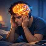 Ilustración digital de una persona con insomnio y cerebro iluminado que representa la hiperactividad cerebral nocturna, los problemas para dormir y la ciencia del sueño desde un enfoque tecnológico