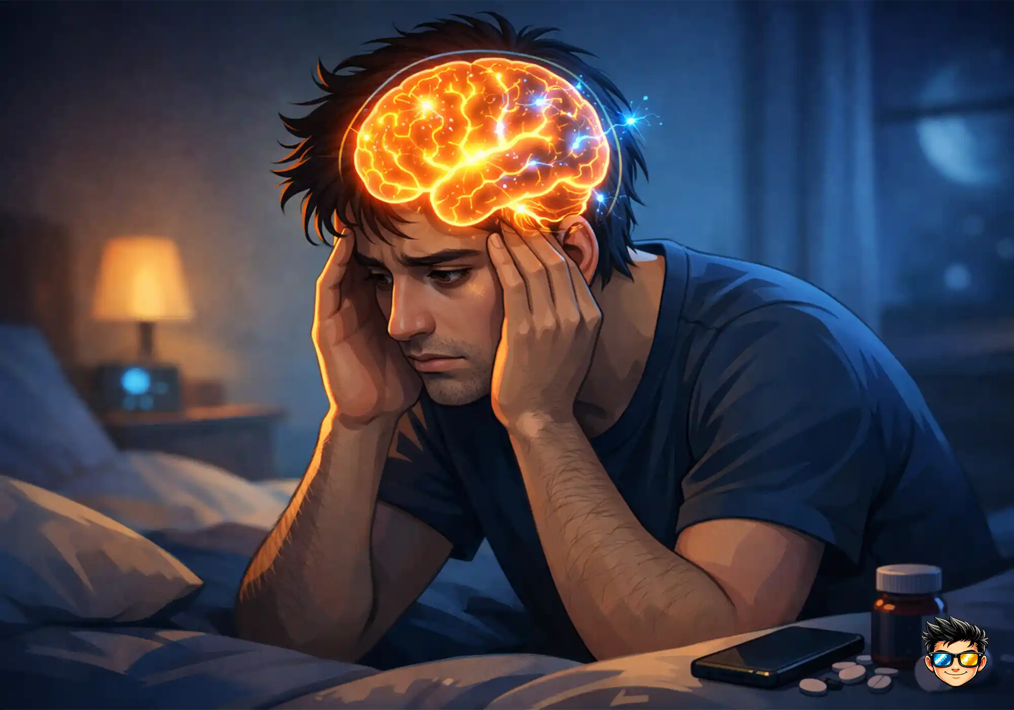 ¿Qué Pasa En Tu Cerebro Cuando No Duermes Bien? 1 Ilustración digital de una persona con insomnio y cerebro iluminado que representa la hiperactividad cerebral nocturna, los problemas para dormir y la ciencia del sueño desde un enfoque tecnológico