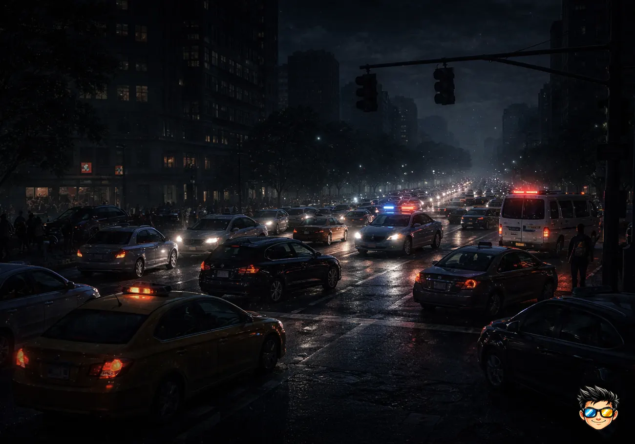 caos en el trafico urbano, semaforos apagados si la electricidad desapareciera