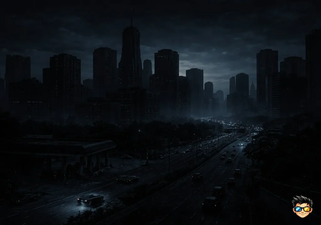 ciudad moderna sin electricidad completamente a oscuras