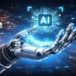 Cómo Funciona Realmente La Inteligencia Artificial 6 persona interactuando con una inteligencia artificial representada como red neuronal digital