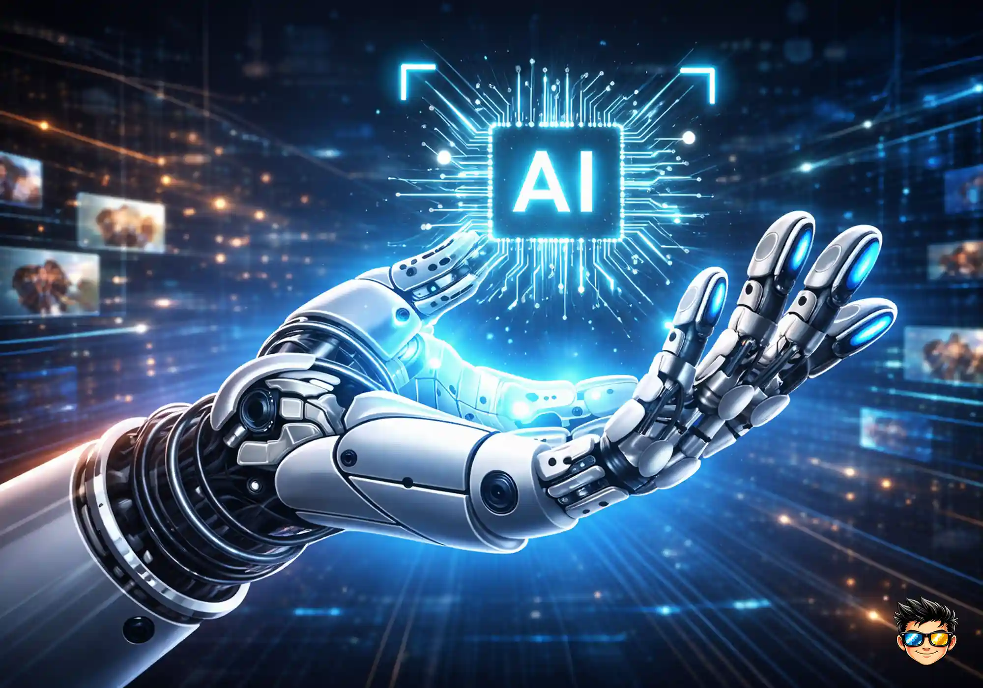 persona interactuando con una inteligencia artificial representada como red neuronal digital