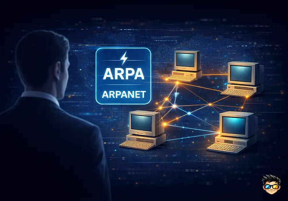 Ilustración científica de ARPANET mostrando computadoras antiguas conectadas en red, simbolizando el nacimiento de Internet.