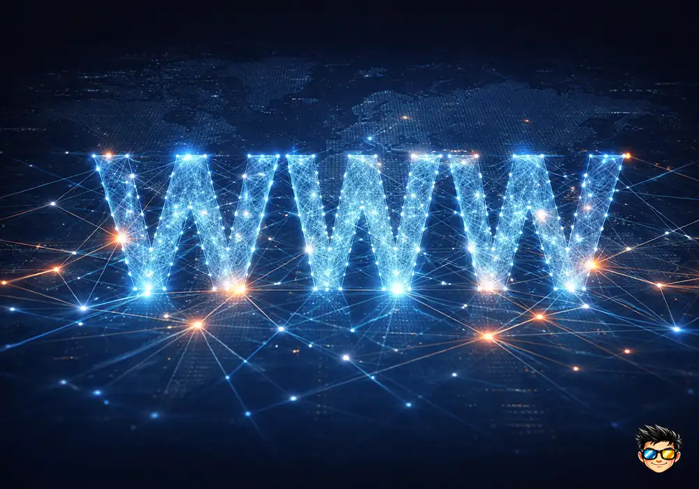 Ilustración digital de la World Wide Web representada con nodos y conexiones de datos formando las letras WWW sobre una red global de Internet.