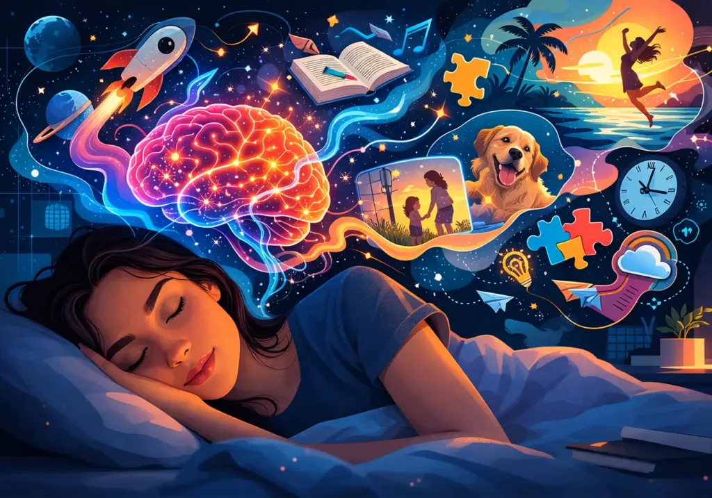 persona dormida soñando mientras alrededor aparecen imágenes surrealistas