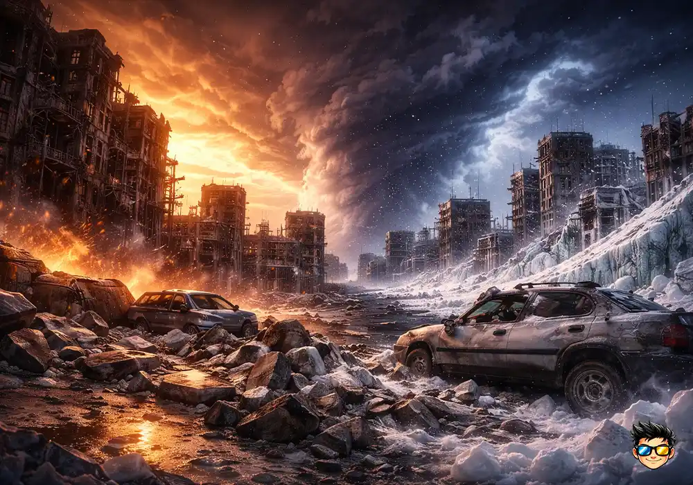 Ciudad destruida por los efectos extremos de la detención de la rotación de la Tierra, con zonas congeladas y regiones abrasadas por el calor.