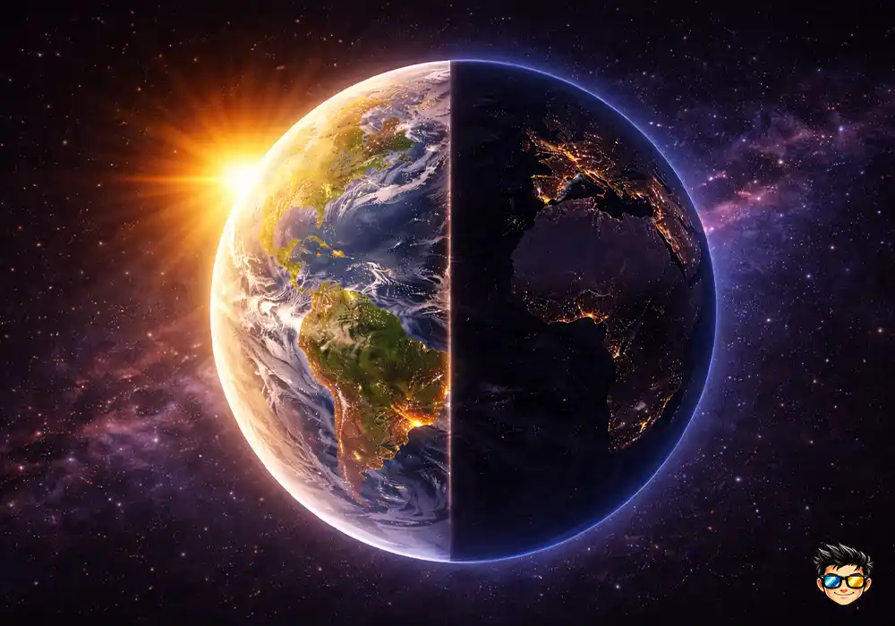 Planeta Tierra con un hemisferio permanentemente iluminado por el Sol y el otro en oscuridad total, representando un mundo sin rotación.