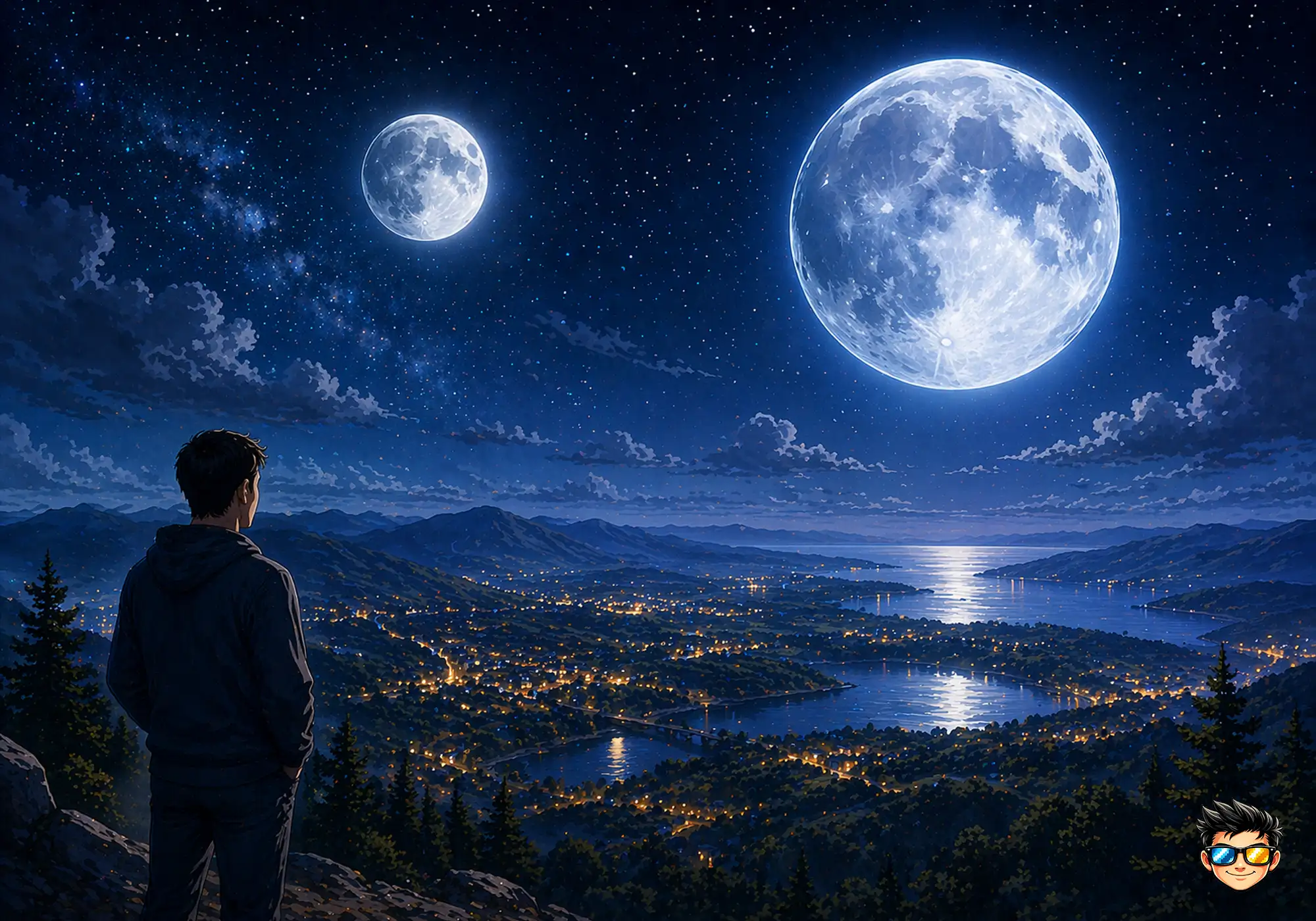 cielo nocturno de la tierra con dos lunas sobre el horizonte