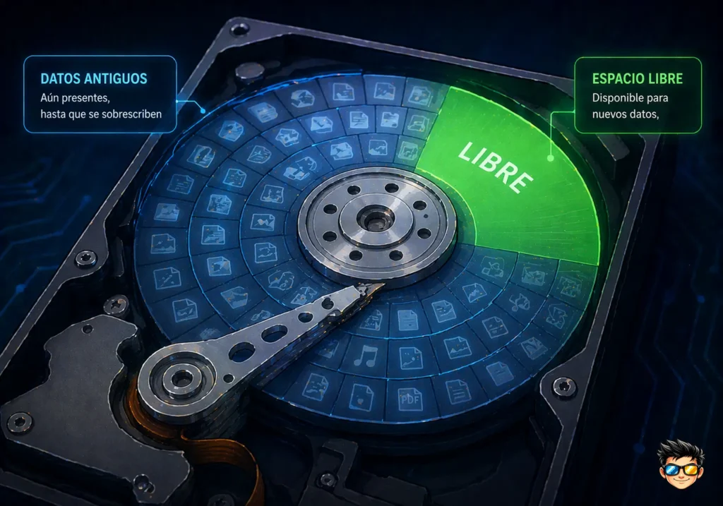datos en disco marcados como espacio libre pero no borrados