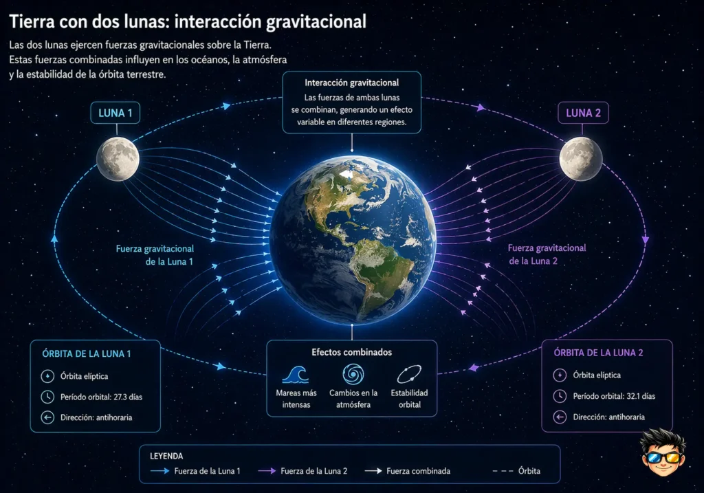interaccion gravitacional de la tierra con dos lunas