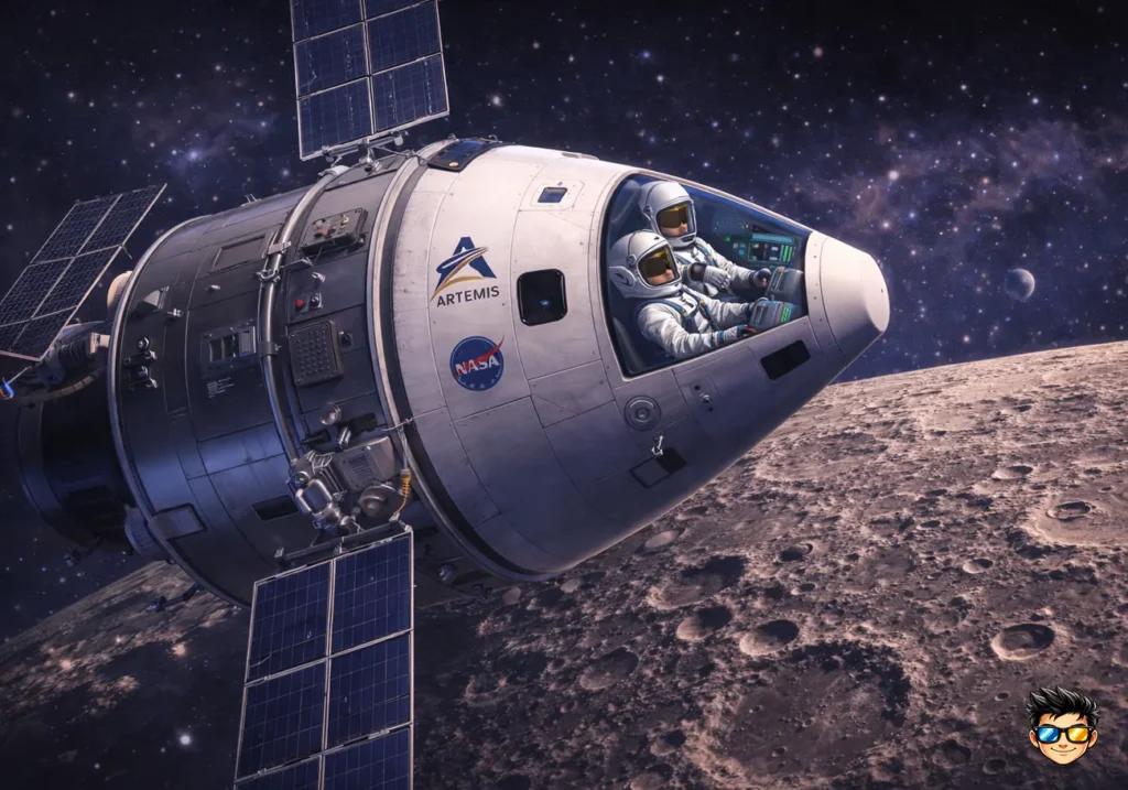 mision artemis ii orbitando la luna con astronautas