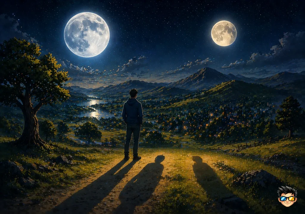 paisaje iluminado por dos lunas con sombras dobles