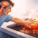 persona reaccionando al dolor al tocar una superficie caliente