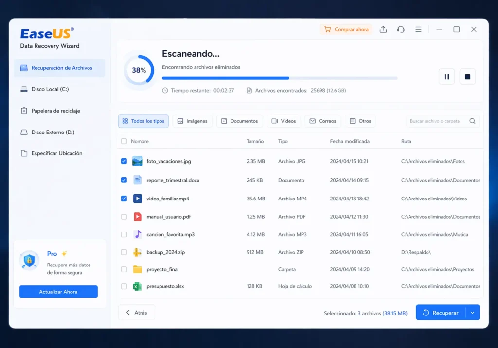programa easeus escaneando archivos borrados